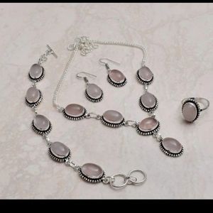 New ring size 8.75 rose quarts sterling silver necklace set